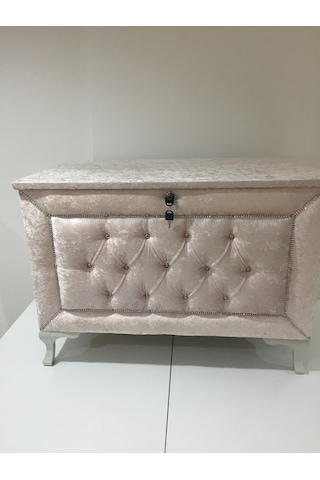 Çeyiz Sandık Kapitone Büyük Tek Model Krem Kadife Kumaş İçi Kırmı (322730691)