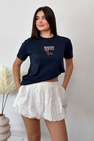Giysa Kadın Bisiklet Yaka Maison Köpek Baskılı T-shirt Lacivert - 26y 4444