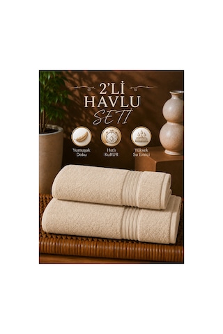 2 Li Banyo Havlu Seti 70x140 + 50x90 Yumuşak Dokulu Yüksek Emici Banyo Ve El Yüz Havlusu Takımı Bej
