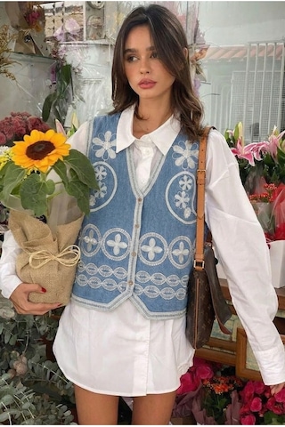 Femelle Nakış İşlemeli İnce Kot Yelek Mavi