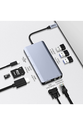 Recci Rh09 Type-c To Type-c + Sd/tf + Usb3.0 + Usb2.0 + Hdmı + Vga + Rj45 Bağlantılı 9in1 Hub