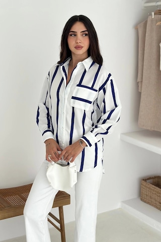 Asprin Fashion Kalın Lacivert Çizgili Gömlek Beyaz