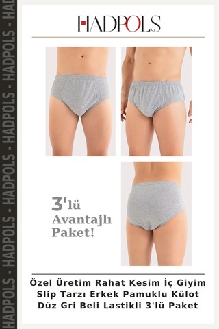 Hadpols Özel Üretim Rahat Kesim İç Giyim Slip Tarzı Erkek Pamuklu Külot Düz Gri Beli Lastikli 3'lü Paket Gri-3