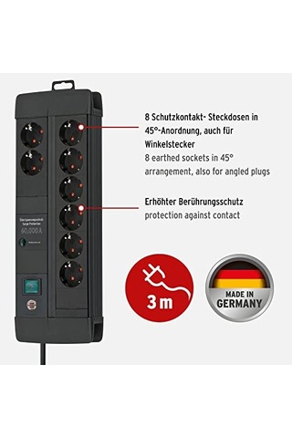 Brennenstuhl Premium-line Duo Serisi   60.000 Amper Akım Korumalı Özellikli 8 Soketli 3 Metre Kablolu 0