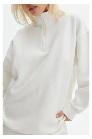 Modi Unisex Uzun Kol Yarım Farmuarlı Yakalı Basic Sweatshirt - Beyaz 2beyaz