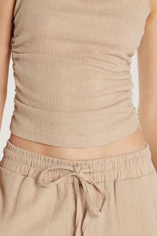 Tudors Kadın Slim Fit Dar Kesim Askılı Yaka Beli Lastikli Bej Bluz Pantolonlu Takım-34152 Bej