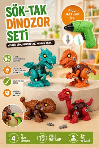 Sök Tak 4'lü 12cm Dinozor Oyuncak Seti Vidalı Montajlı Eğitici Oyuncak + Pilli Matkap İle