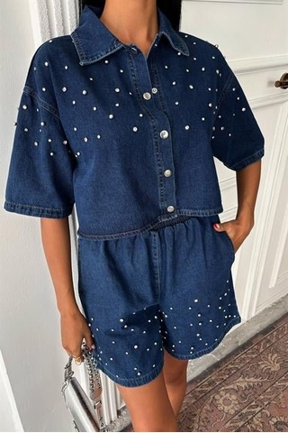 Taş Detaylı Gömlek Şort Denim Takım 10175 Deni M