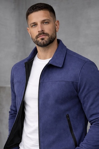 Baselco Basic Slim Fit Polo Yaka Süet Ceket Lacivert