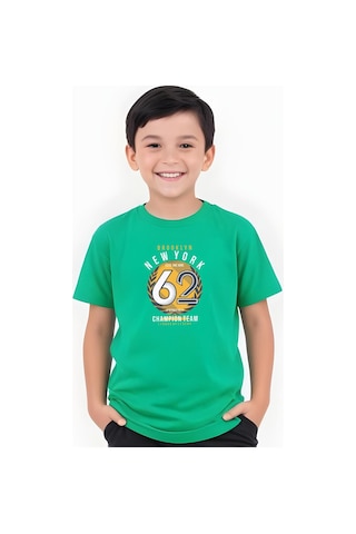 Fyk Kids Erkek Çocuk Yuvarlak Yaka 62 Yazı Baskılı Erkek T-shirt Yeşil