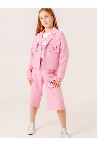 Giyicem Kız Çocuk D Tokalı Ceket T-shirt İkili Takım 1903 Pembe