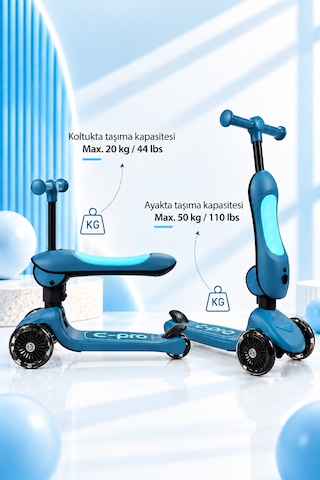 C-pro 2'si 1 Arada Katlanabilir Çocuk Scooterı Açık Mavi