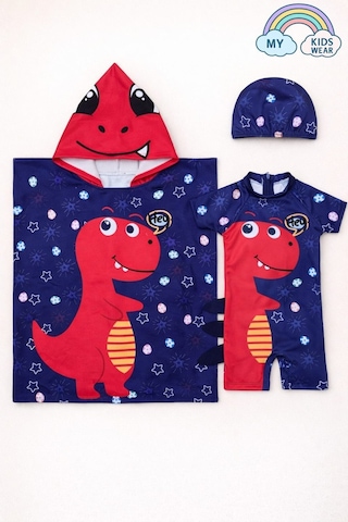 My Kids Wear Erkek Çocuk Deniz Kombini 3 Lü Set Mayo, Havlu Ve Bone 12579 Açık Mavi - Kırmızı