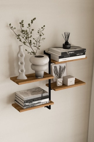 Aju 4 Katlı Duvar Rafı Metal Çerçeveli Dekoratif Kitaplık Ve Raf Ünitesi Modern Ve Minimalist Tasarımm Siyah