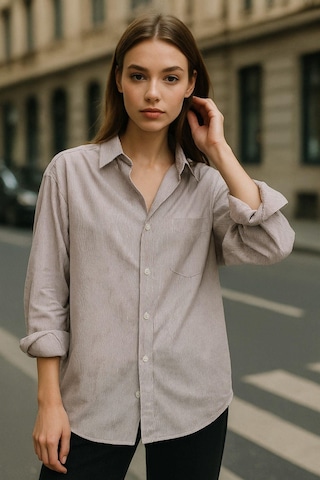 Kadın Bordo Çizgili Beyaz Oversize Gömlek Over Fit Relaxed Gömlek Çok Renkli