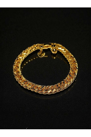 22 Ayar Altın Kaplama Gurmet Zincir Bileklik - 19 Cm Kalp Ve Zil Detaylı Gold