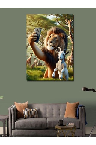 Kanvas Tablo Selfie Yapan Keçi Ve Aslan 50cmx70cm