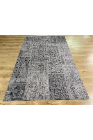 Çam Halı Siesta Patchwork 32-463 Etnik Eskitme Desenli Dokuma Tabanlı Yıkanabilir Şönil Salon Ve Oda Halısı Koyu Gri