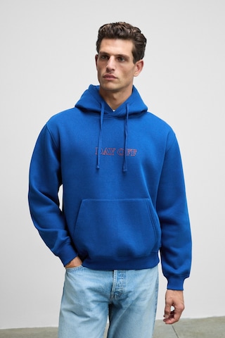 Grımelange BLAISE Erkek Önü Ve Sırtı Baskılı Kapüşonlu Kordonlu Kanguru Cepli Regular Fit Mavi Sweatshirt
