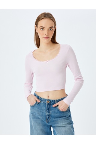 Koton Dantel Detaylı Uzun Kollu Slim Fit Crop Tişört Pembe 5sal10423ık Gül