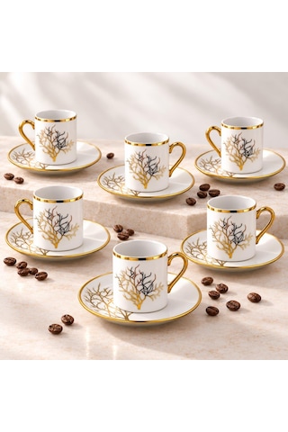 Valkyrie 12 Parça 6 Kişilik 80 Ml Türk Kahvesi Fincan Takımı Gold Detaylı Ağaç Desenli K654-a