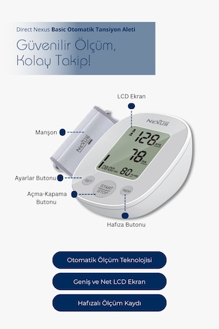 Direct Nexus Koldan Ölçer Basic Otomatik Tansiyon Aleti | 2 Kullanıcı, 180 Hafıza