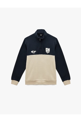Koton Regular Fit Baskılı Renk Bloklu Şardonlu Yarım Fermuarlı Sweatshirt Lacivert 6wam70121mk Lacivert