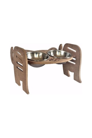 Liva LA8M1140383 Ahşap İkili Kedi Mama ve Su Kabı