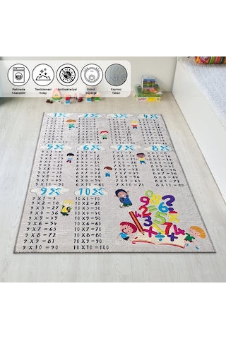 Çocuk-Bebek Halısı Çarpım Tablosu Temalı Halı Yıkanabilir Kaymaz Taban Gri