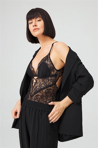 Cottonhill Siyah Çıtçıtlı Sırt Dekolteli Transparan Kaplı Dantelli Bodysuit Siyah