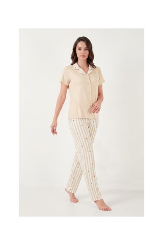 Lela Desenli Yumuşak Dokulu Kısa Kollu Pijama Takımı Bayan Pijama Takımı 65750120 Beyaz-kahve