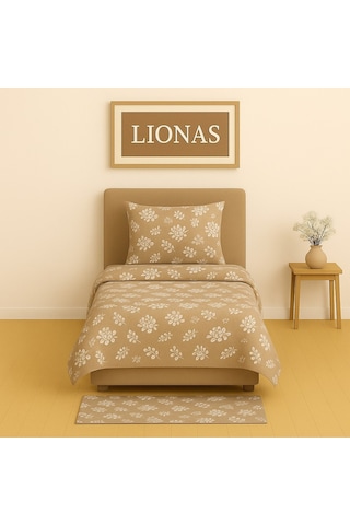 Lionas Tek Kişilik Desenli Nevresim + 1 Adet Kapaklı Yastık Kılıfı Bej