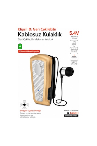 Exenar - Gold - Titreşimli Kablosuz Makaralı Kulaklık Titreşimli Bluetooth Kulaklık 15 Saat