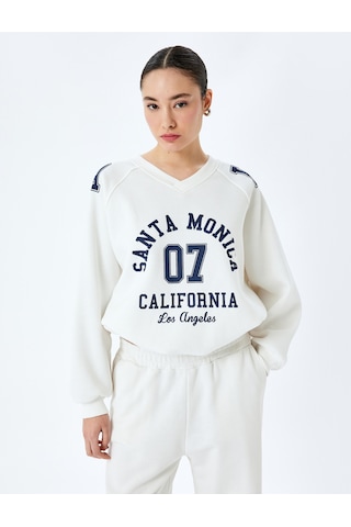Koton Kolej Baskılı Uzun Kollu Oversize V Yaka Sweatshirt Ekru 5sal10417ık Ekru