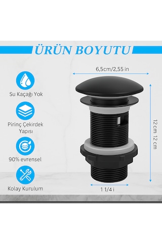 Siyah Pop-up Lavabo Sifonu Porselen Başlıklı, Taşmalı Lavabolar