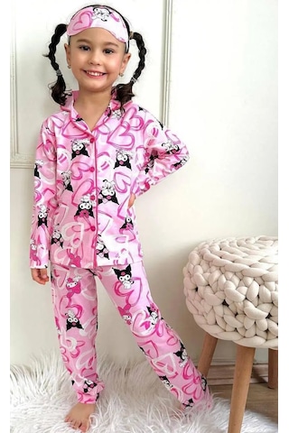 Lillypicca Kedi Desenli Pamuklu Önden Düğmeli Göz Bantlı Uzun Kol Pijama Takımı 9034 Fuşya