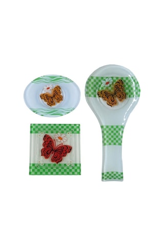 Cam Gider Kapağı + Cam Kepçe Altlığı Kaşıklık + Cam Sabunluk 3Lü Set