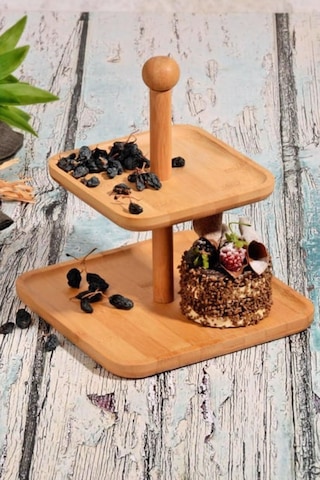 Bambu 2 Katlı Şekerlik Doğal Ahşap İki Gözlü Atıştırmalık Ve Sunum Kabı Pratik Ve Şık Tasarımıyla Çay Saati Sunumlarına Uygun Fonksiyonel Bambu İkramlık Servis Kutusu Çok Renkli