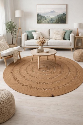 Jüt Hasır Görünümlü Desenli Modern El Örgüsü Daire Halı Kilim Hasır Hasır