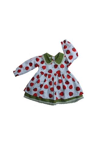Bebe Yaka Çilek Desenli Dantel Detaylı Kız Çocuk Bebek Elbise 001