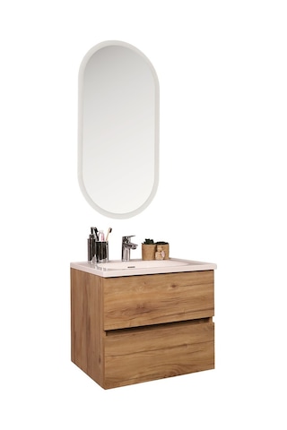 Kobos Simple 60 Cm Çekmeceli Banyo Dolabı Seti Light Walnut Ahşap