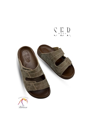 Sermoda Erkek Terlik - Çift Toka Ayarlanabilir Esnek Taban Deri Erkek Terlik C Haki