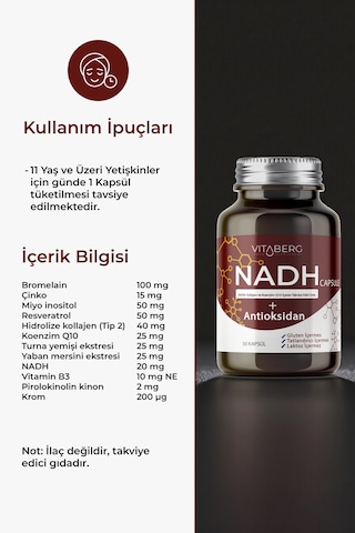 Vitaberg Nadh Antioksidan+ Pqq, Koenzim Q10, Resveratrol, Kolajen Tip Iı