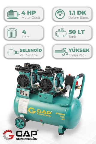 Gap Kompresör Gpy 1500x2 Hava Kompresörü Yüksek Emişli Yağsız Teknoloji 50 L