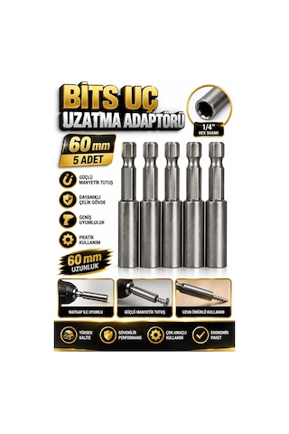 Bits Uç Uzatma Adaptörü 5 Adet 60 Mm Manyetik Vidalama