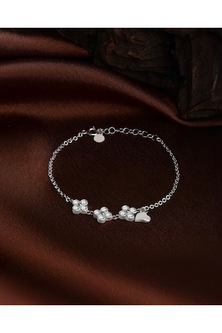 925 Ayar Rodyum Üçlü Çiçek Kalp Charm Gümüş Bileklik Gümüş - Rodyum