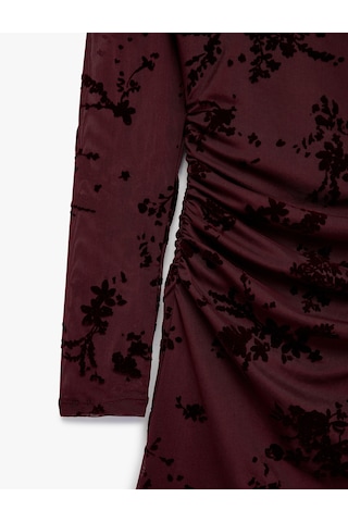 Koton Slim Fit Drapeli Uzun Kollu Dik Qipao Yaka Çiçekli Tül Mini Elbise Bordo 7wak80019pk