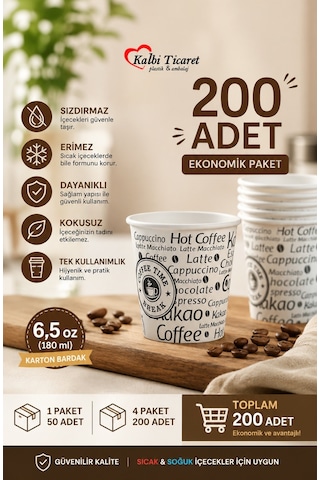 Karton Bardak 6,5 Oz Sızdırmaz Erimez Kokusuz Kullan At Bardak Kağıt Bardak 200