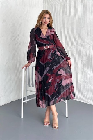 Neşeli Butik Kadın Kemerli Kruvaze Yaka Desenli Şifon Elbise Nbk20302 Bordo