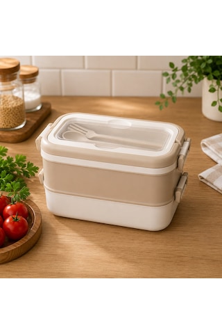 3 Katlı Çatal Kaşıklı Beslenme Ve Yemek Saklama Kabı Krem